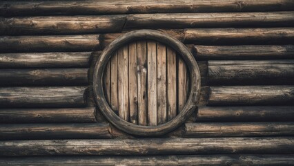 Fototapete - Textured aged wooden wall background featuring a round wooden window centered at the middle with dark brown tones and horizontal logs