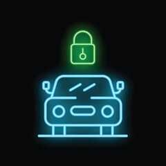 Poster - Neon glowing icon of a closed padlock over a car representing car security, car alarms and remote locking