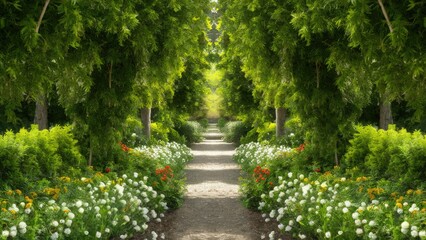 Fototapete - Lush garden pathway framed by vibrant greenery and colorful flowers, featuring soft white blooms and orange accents under dappled sunlight.