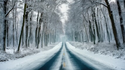 Aufkleber - Serene winter road covered in fresh snow surrounded by tall trees in a tranquil forest landscape with soft gray and white tones.