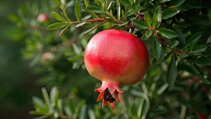 Aufkleber - Ripe red pomegranate hanging on green foliage creating a natural, lush background with a soft focus on the fruit and leaves.
