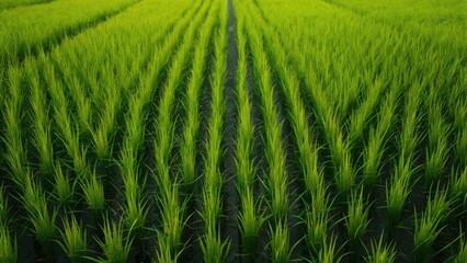 Poster - Lush green rice fields with vibrant plant growth arranged in neat rows under natural light creating a serene agricultural landscape.