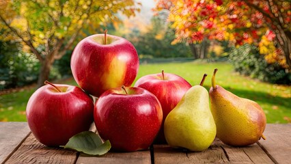 Poster - Vibrant red apples and soft yellow pears arranged on rustic wooden table with blurred autumn garden backdrop showcasing warm fall colors.