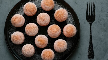 Poster - Sweet round treats dusted with powdered sugar on a black plate with a fork imprint on a gray background showcasing appetizing dessert arrangements