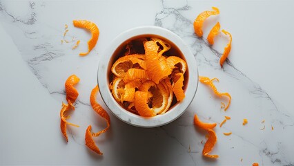 Poster - White marble mortar filled with vibrant orange zest on light grey marble surface with orange peels artistically arranged around it