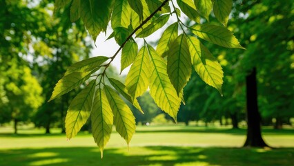 Poster - Lush green leaves hanging in bright sunlight with a blurred park background featuring vibrant trees and open grass for peaceful wallpaper use