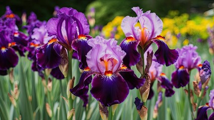 Poster - Purple irises bloom in a vibrant garden with green leaves in the foreground and colorful yellow flowers softly blurred in the background.