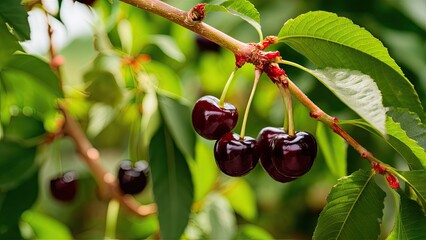 Poster - Ripening dark red cherries hanging from a green leafy branch under natural sunlight creating a vibrant contrast in a lush orchard setting