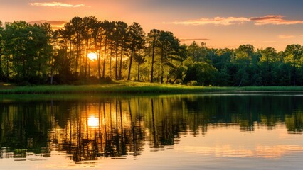 Aufkleber - Tranquil summer sunset over a lake with mirrored silhouettes of trees in warm golden and green hues reflecting on the water's surface.