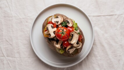 Poster - Baked potato topped with sliced mushrooms, fresh tomatoes, and colorful peppers on a white plate against a light textured background.