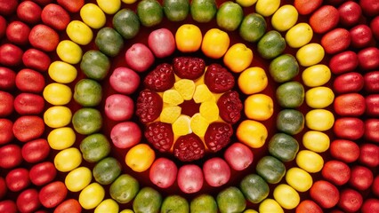 Poster - Vibrant circular arrangement of assorted apples and berries in red yellow and green hues creating a colorful kaleidoscope pattern