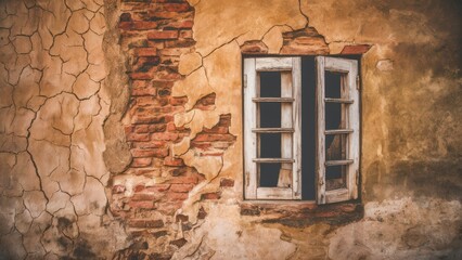 Fototapete - Cracked wall of an aged building showcasing peeling paint and exposed bricks with a vintage window framed by earthy tones and textured surfaces.