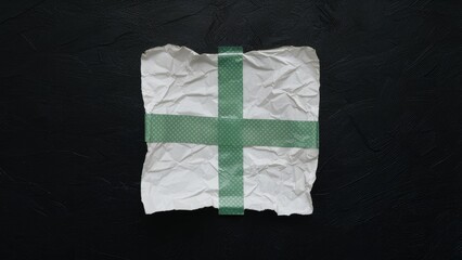 Fototapete - Crumpled white paper scrap with green polka dot tape in a cross pattern centered on a textured black background viewed from above