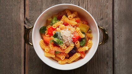 Aufkleber - Colorful baby pasta mix with spiral noodles, fresh vegetables and a light sprinkle of cheese on a rustic wooden table in a white bowl.