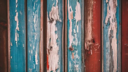 Poster - Weathered wooden boards in blue, red, and natural hues with peeling paint, showcasing an aged textured surface in vertical arrangement.