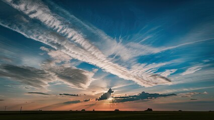 Poster - Dramatic sunset with vibrant white clouds against a deep blue sky showcasing luminous orange hues with scattered clouds positioned across the horizon