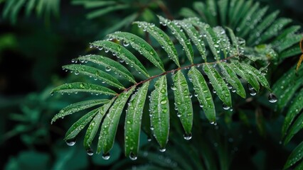 Aufkleber - Lush green foliage glistening with droplets of morning dew against a dark blurred background, showcasing nature's beauty and freshness.