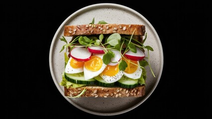 Poster - Vibrant vegetarian sandwich on whole grain bread topped with cucumber, egg whites, radishes, and pea shoots on a beige plate against a black backdrop.