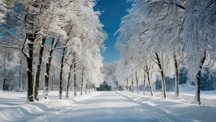 Aufkleber - Snow-covered pathway flanked by tall, frosted trees under a clear blue sky creating a serene winter landscape with soft shadows and bright whites.