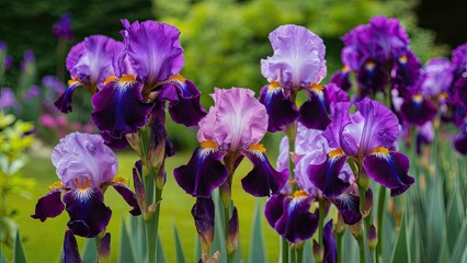 Poster - Vibrant purple and lavender irises in full bloom, arranged in clusters with lush green foliage in a tranquil garden setting under soft sunlight.