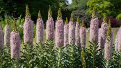 Aufkleber - Beautiful pink spike flowers with green foliage in a lush park setting showcasing vibrant colors and soft sunlight during blooming season.