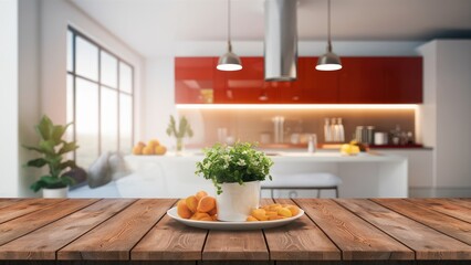 Poster - Empty wooden tabletop in foreground with ochre accents, blurred modern kitchen with red cabinetry and bright lighting in background, ideal for product display.