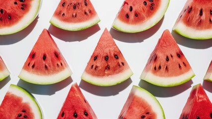 Poster - Fresh watermelon slices arranged neatly on a bright white background showcasing vibrant red and green hues with black seeds visible.