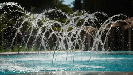 Poster - Glistening water jets splashing in sunlight above a tranquil blue pool surrounded by greenery with soft focus on background elements