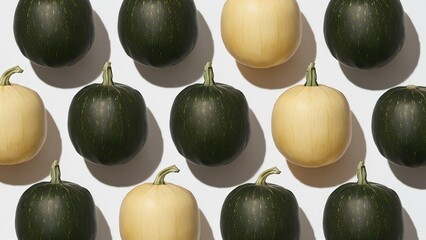Poster - Patterned arrangement of green and yellow swan neck squashes on a bright white background with shadows, overhead perspective showcasing textures.