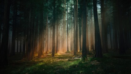 Fototapete - Mystical forest scene with tall dark green pine trees illuminated by warm golden light filtering through the dense fog creating ethereal atmosphere.