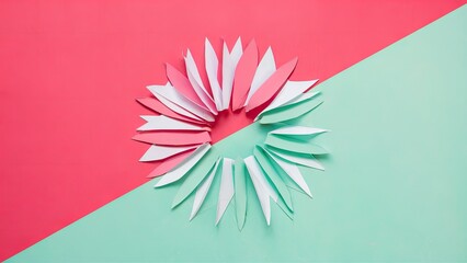 Fototapete - Twotone background with vibrant pink and mint colors, featuring a circular arrangement of paper cutouts in shades of pink and mint.