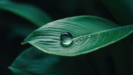 Poster - Close-up of a water droplet on a dark green leaf with smooth textures illuminated by subtle night lighting ideal for wallpapers and nature backgrounds