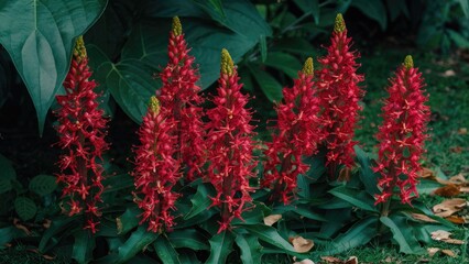 Aufkleber - Vibrant red spike flowers bloom prominently among lush green leaves, arranged in a line on a grassy ground, creating a striking natural display.