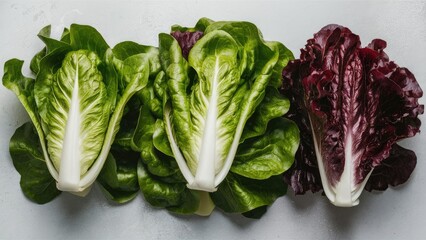 Poster - Vibrant green and purple lettuce leaves arranged in a row on light gray surface emphasizing healthy eating concept with fresh, crisp textures
