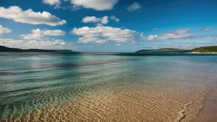 Aufkleber - Serene coastal landscape with gentle ripples on clear water under a vibrant blue sky and fluffy white clouds near a tranquil beach setting
