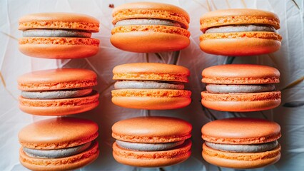 Poster - Orange macarons with a creamy filling arranged in two rows on a white background, showcasing their delicate texture and vibrant color.
