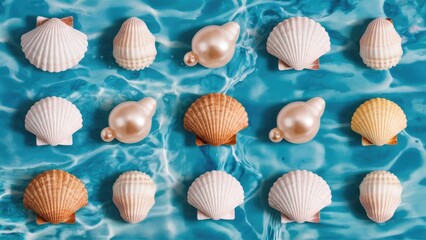 Poster - Colorful seashells and pearls arranged in a grid over a vibrant blue water surface creating a lively summer beach aesthetic
