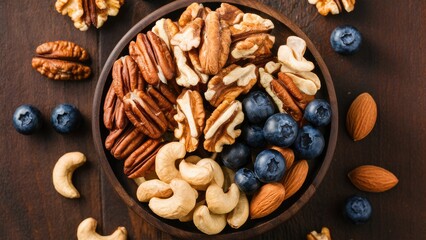 Poster - Assorted dried nuts including walnuts, pecans, cashews, and almonds arranged on a dark wooden dish with blueberries, surrounded by scattered nuts.