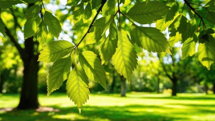 Aufkleber - Vibrant sunlight filtering through lush green leaves in a natural park with a blurred background of trees and grass under a clear blue sky.