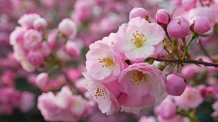 Aufkleber - Delicate pink cherry blossoms in full bloom with soft white centers, set against a blurred background of lighter pink hues, capturing spring's beauty.