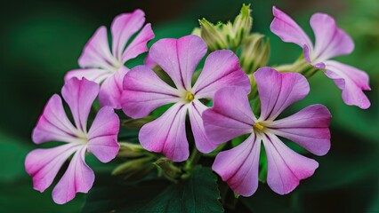 Poster - Delicate pink periwinkle flowers with soft purple hues illuminated by morning light against a deep green background creating a serene natural scene