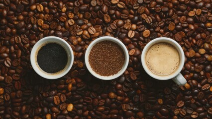 Aufkleber - Coffee beans in three stages: dark roasted coffee in the left cup, ground coffee in the center, and light roasted coffee on the right, all set against a rich brown coffee bean backdrop.