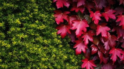 Fototapete - Lush green thuja foliage in sharp contrast with vibrant red maiden grapes leaves, creating a vivid natural backdrop perfect for landscape designs.