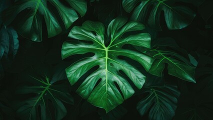 Wall Mural - Monstera leaf in vibrant green with bright light highlighting its intricate cuts centered against dark foliage background, showcasing tropical elegance.