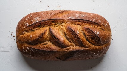 Poster - Freshly baked rye bread loaf with a golden brown crust and decorative scoring on top positioned centrally against a clean white background.