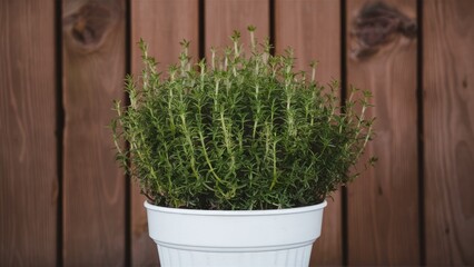 Poster - Thyme plant in a white ceramic pot positioned centrally against a rustic wooden backdrop highlighting greens and earth tones.