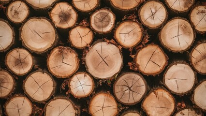 Aufkleber - Circular sections of cut timber logs featuring light brown tones with visible growth rings and scattered leaves on a dark background.
