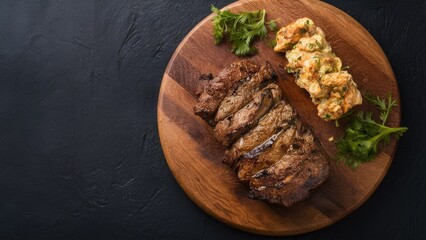 Aufkleber - Grilled meat slice on a wooden board with a side of creamy baked dish and fresh greens against a dark textured background.
