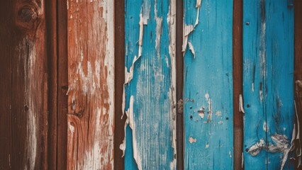 Poster - Textured weathered wooden panels in brown and blue with peeling paint showcasing aged details arranged vertically for rustic aesthetic appeal