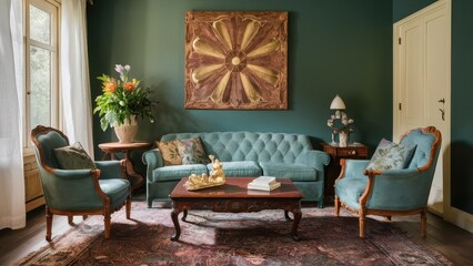 Poster - Elegant vintage living room showcasing a Louis XV style wooden coffee table with carved edges and floral patterns surrounded by plush turquoise furniture.